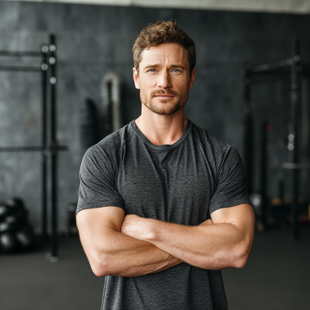 Confident athletic man in workout gear standing with crossed arms in a modern gym setting