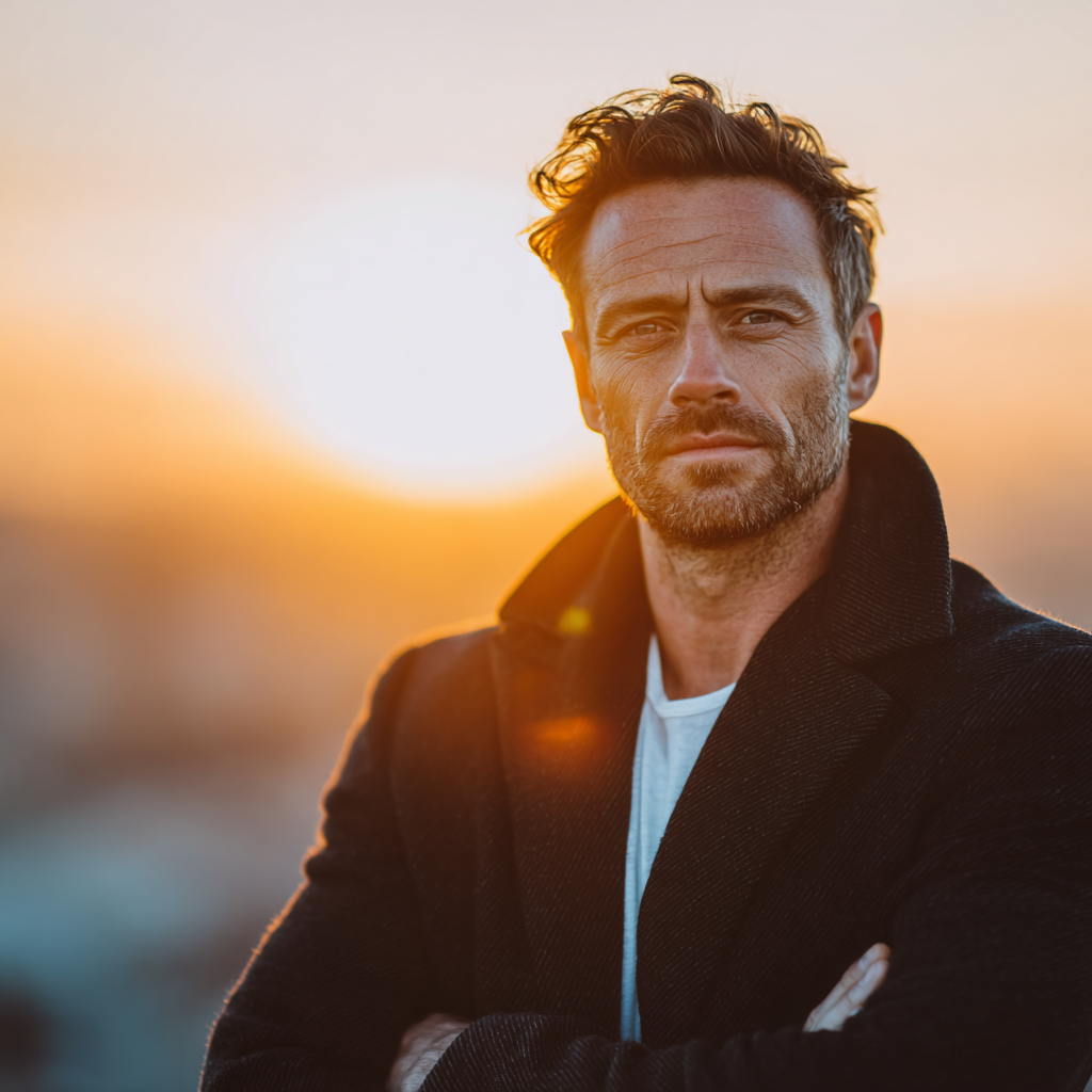 Determined man looking confidently at the camera with sunrise in background symbolizing new beginnings